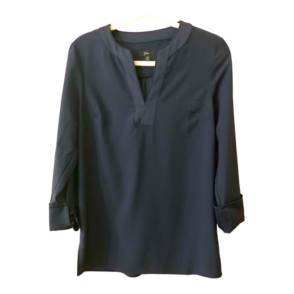 J. Crew Long Sleeve Poly Crepe V-Neck Tunic in Navy Blue - EUC